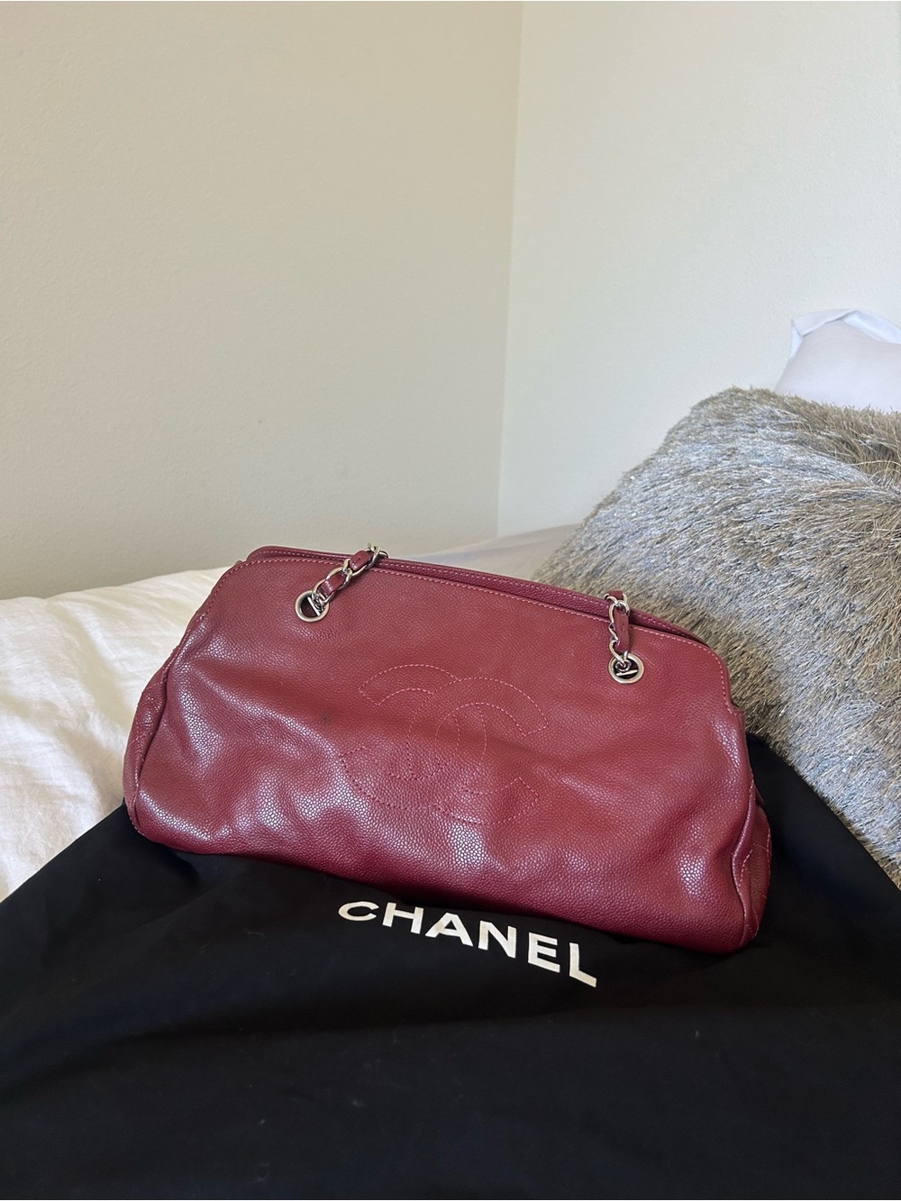 Chanel Authentic Caviar Leather Timeless Shoulder Bag Burgundy Hobo Purse Bag